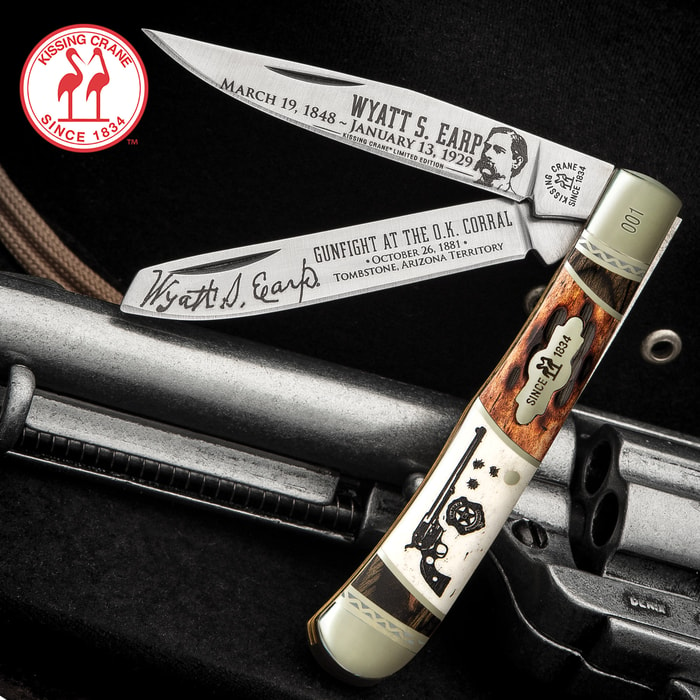 Kissing Crane Wyatt Earp Trapper Pocket Knife - Stainless Steel Blades, Bone Handle Scales, Nickel Silver Bolsters, Brass Pins