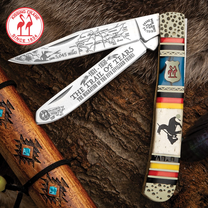 Kissing Crane Trail Of Tears Trapper Pocket Knife - Stainless Steel Blades, Bone And Resin Handle, Hammered Bolsters, Individually Serialized