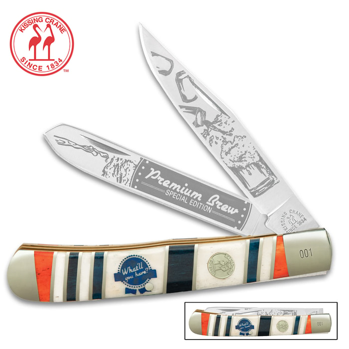 The Kissing Crane Premium Brew Trapper Pocket Knife pays tribute to American’s classic favorite happy hour beverage