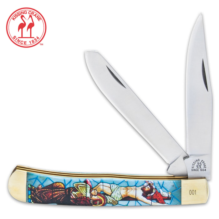 Experience the unrivaled quality of Kissing Crane knives first-hand with the Crucifixion Stained Glass Trapper Knife