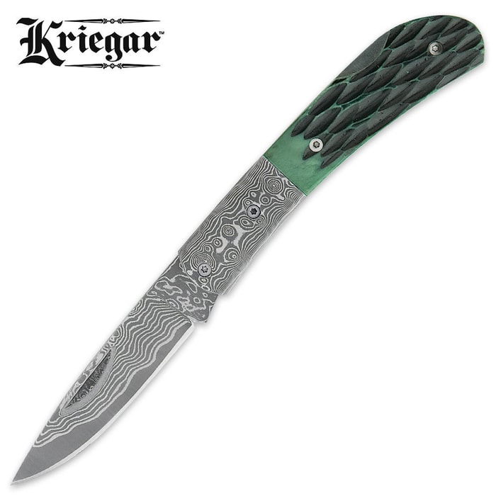 Kriegar Damascus Green Jigged Bone Folding Knife