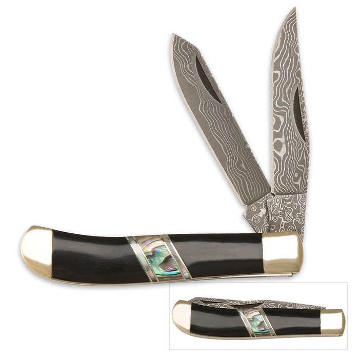 Kriegar Buffalo Black Pearl Trapper Pocket Knife Damascus