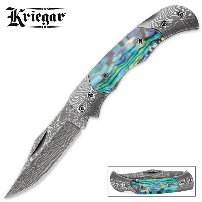Kriegar Pocket Knife Damascus Blade Abalone Handle