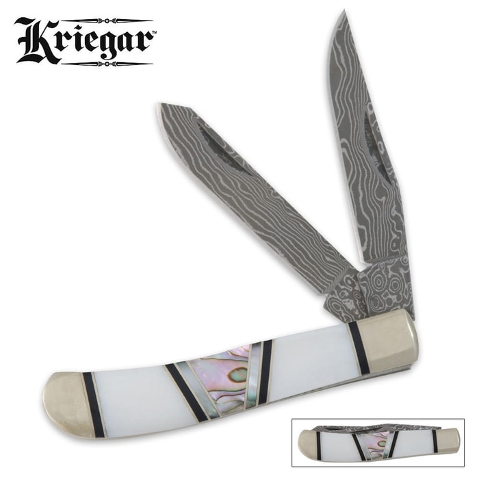 Kriegar  Real Pearl Abalone Damascus Trapper Pocket Knife