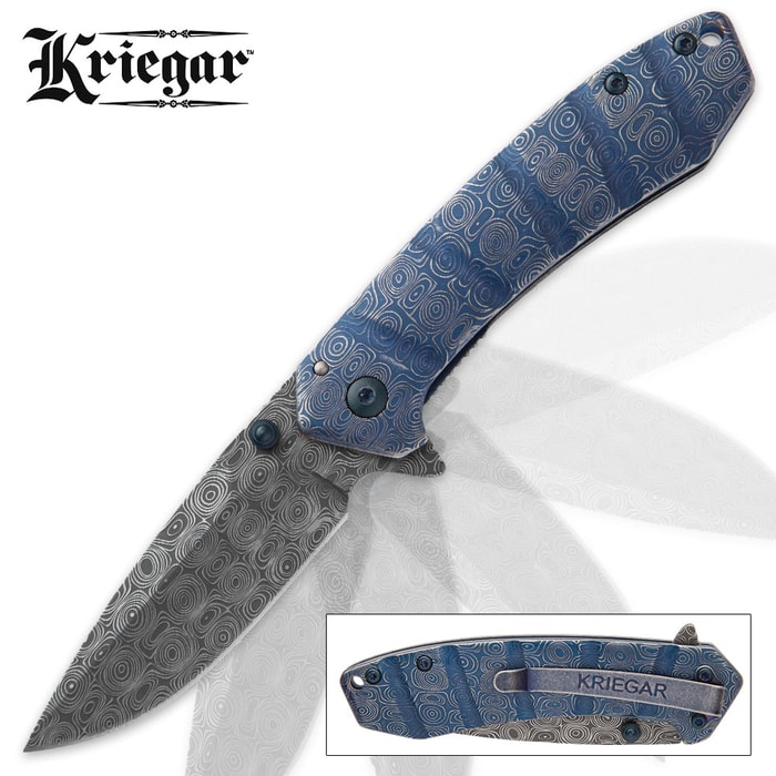 Kriegar Maelstrom DamascTec Steel Pocket Knife | Raindrop Etch Pattern | Azure Blue