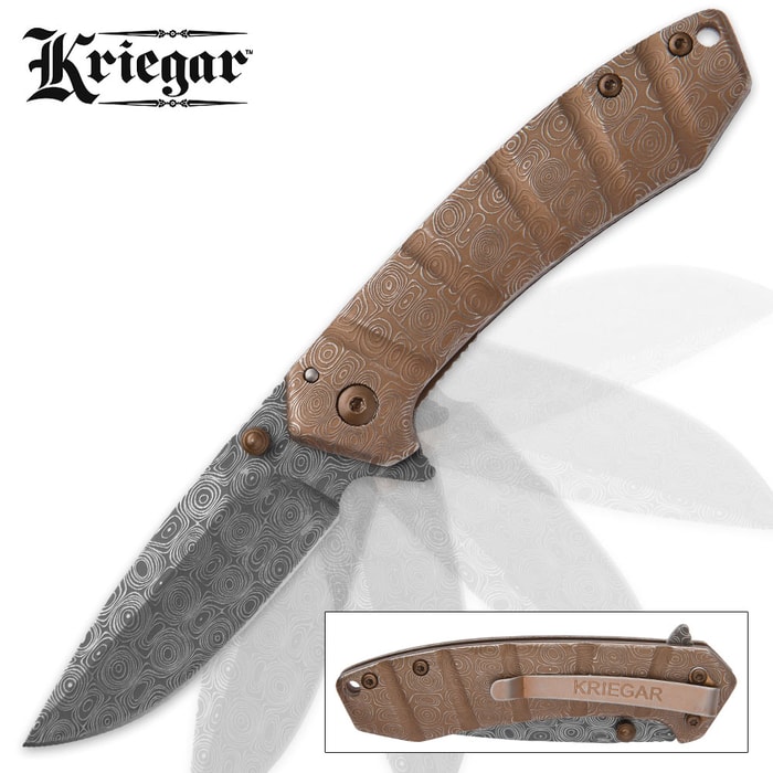 Kriegar Maelstrom DamascTec Steel Pocket Knife | Raindrop Etch Pattern | Copper-Colored Finish