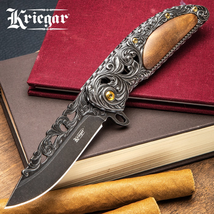 Kriegar Cavalier Dusk Assisted Opening Pocket Knife - Dusky Black with Burled Elm Inlays