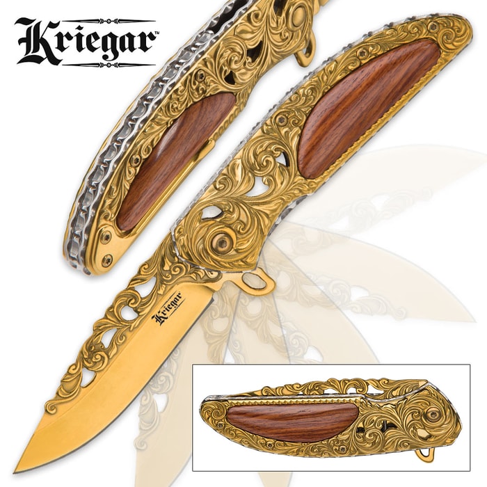 Kriegar Cavalier Gold Assisted Opening Pocket Knife - Gold-Colored with Heartwood Inlays