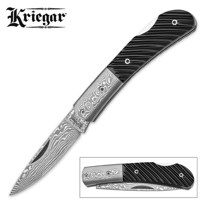 Kriegar "Nightcrest" Damascus Steel / Ox Horn Pocket Knife