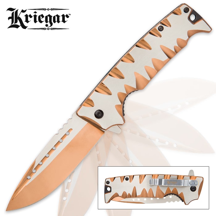 Kriegar Karnivore Assisted Opening Pocket Knife - Two-Tone Copper Titanium Finish with Teeth Marks