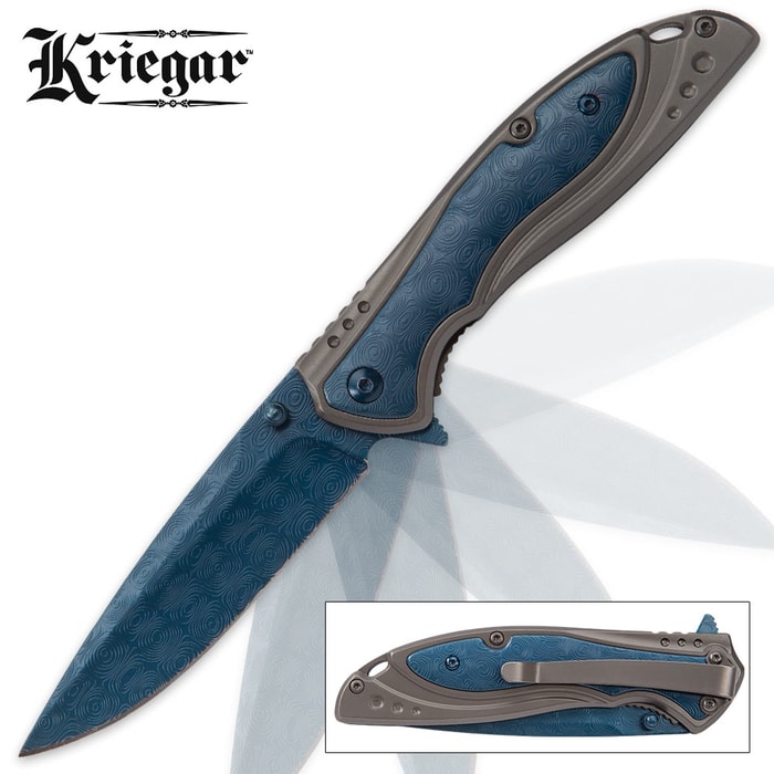 Kriegar Earth Orb Assisted Opening Pocket Knife with DamascTec Steel Blade - Blue Titanium-Plated