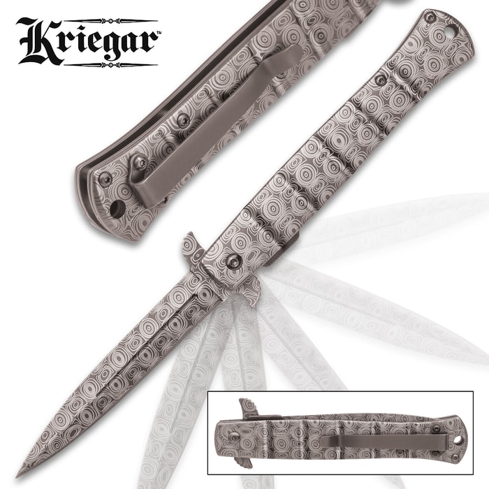 Kriegar Grey DamascTec Stiletto Pocket Knife - Stainless Steel Blade And Handle, Damastec Finish, Assisted Opening