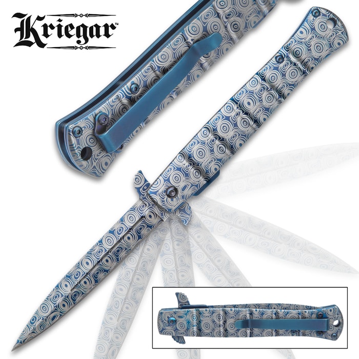 Kriegar Blue DamascTec Stiletto Pocket Knife - Stainless Steel Blade And Handle, Damastec Finish, Assisted Opening