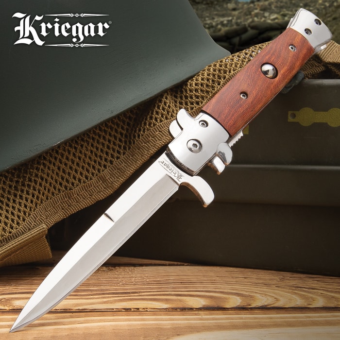 Kriegar German Peach Wood Stiletto Knife - Stainless Steel Blade, Assisted Opening, Wooden Handle, Stainless Bolsters And Pins