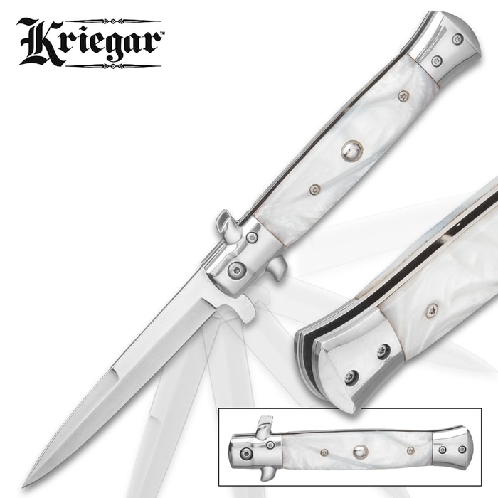 Kriegar German White Pearl Stiletto Knife - Stainless Steel Blade, Assisted Opening, Faux Pearl Handle, Stainless Bolsters and Pins