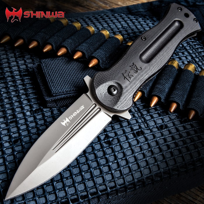Shinwa Ganjo Black G10 Pocket Knife - 3Cr13 Stainless Steel Blade, Black G10 Handle Scales, Ball Bearing, Pocket Clip