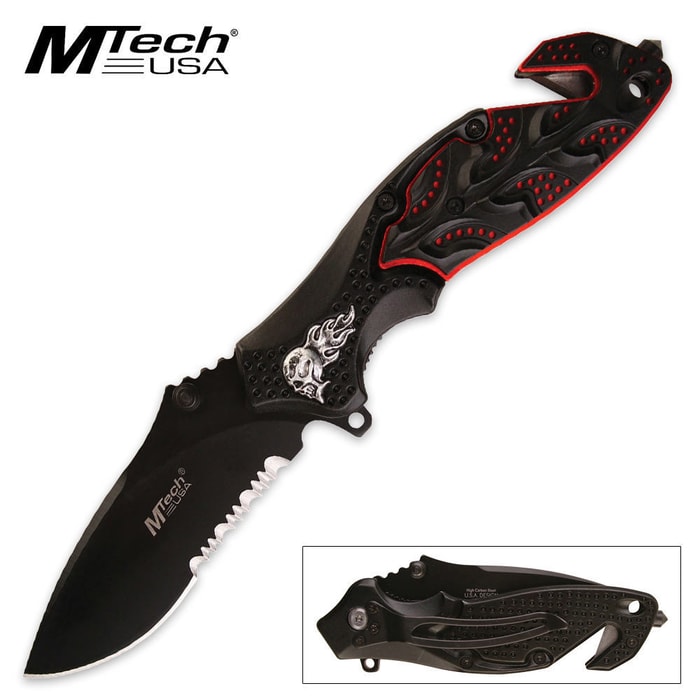MTech USA Skull Rescue Folding Pocket Knife Red & Black