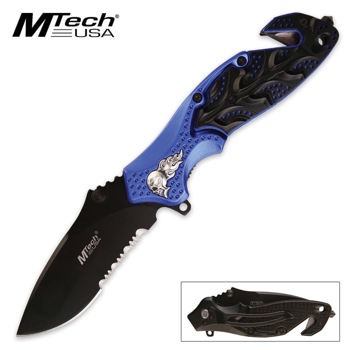 MTech USA Skull Rescue Folding Pocket Knife Blue