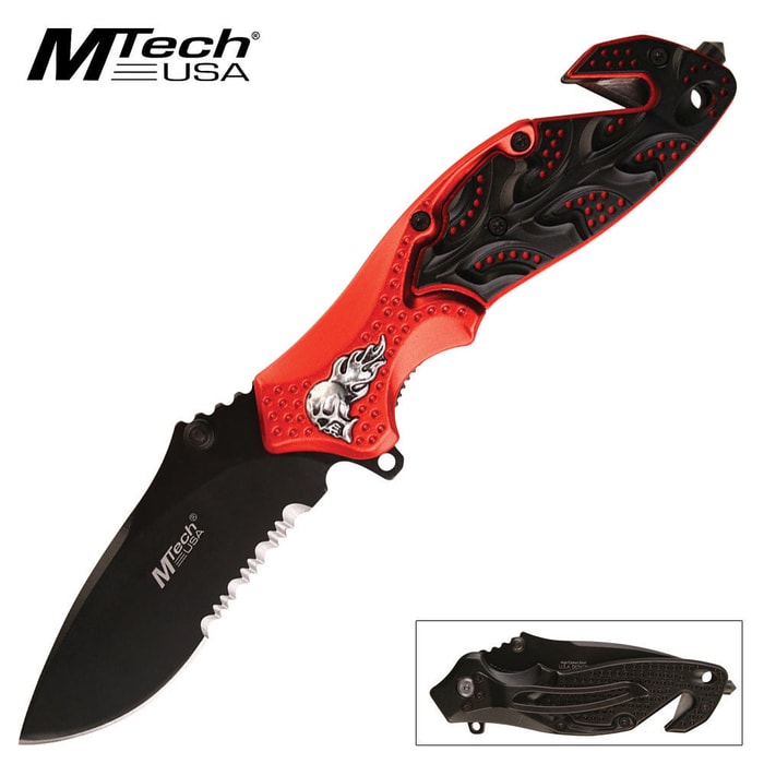 MTech USA Skull Rescue Folding Pocket Knife Red