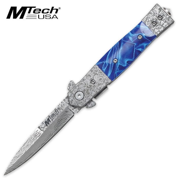 MTech USA Damascus Steel & Blue Marble Folding Pocket Knife