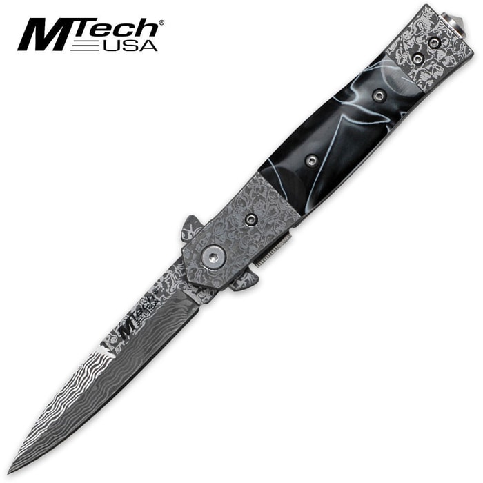 MTech USA Damascus Steel & Black Marble Folding Pocket Knife