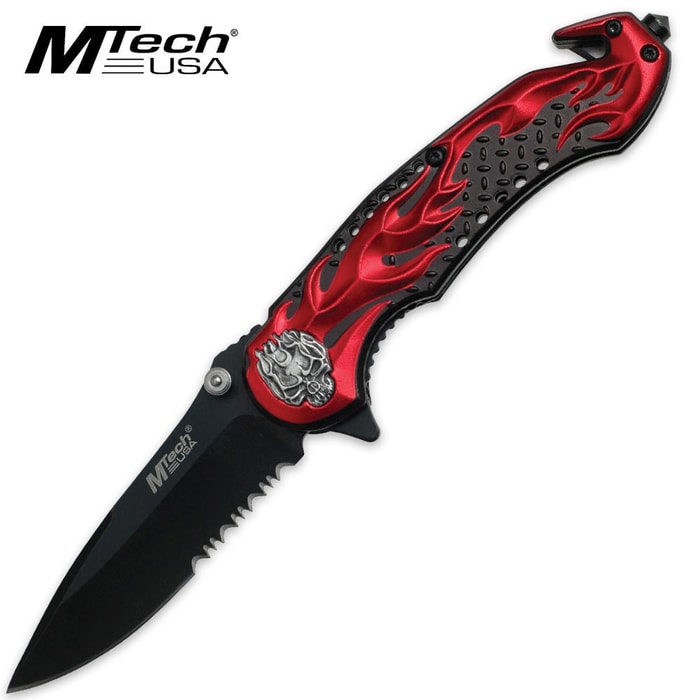 MTech USA Red Flaming Skull Folding Rescue Knife