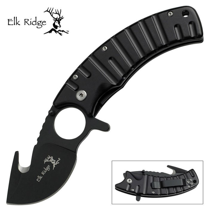 Elk Ridge Folding Skinner Knife With Gut Hook Black