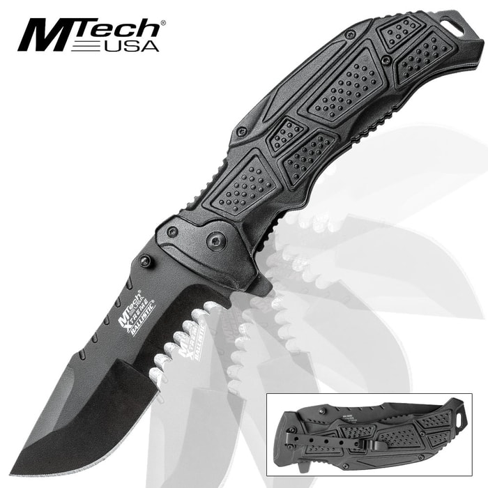 MTech Xtreme Ballistic Half-Serrated Black Pocket Knife