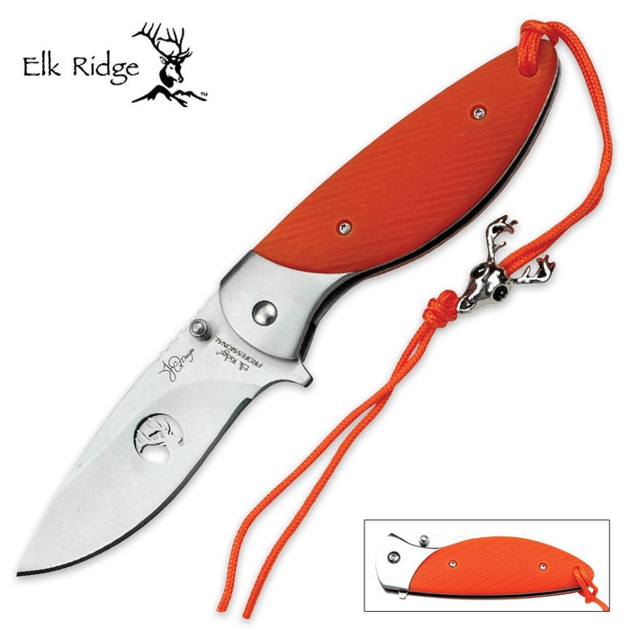 Elk Ridge Professional Drop Point Folding Pocket Knife With Lanyard Orange