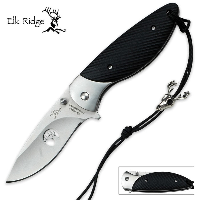 Elk Ridge Professional Drop Point Folding Pocket Knife With Lanyard Black