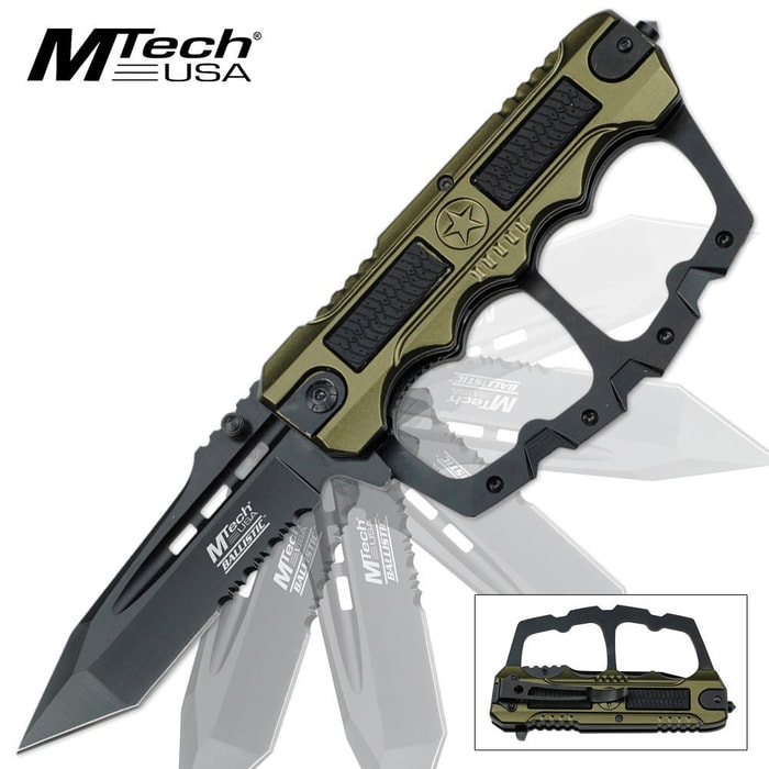MTech Ballistic Assisted Open Knuckle Guard Folding Pocket Knife Green