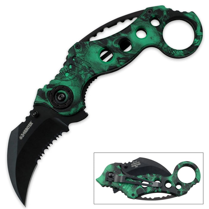 Z Hunter Assisted Opening Folding Karambit Knife Green Skull Camo