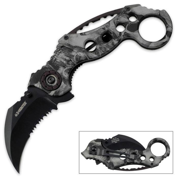 Z Hunter Assisted Opening Folding Karambit Knife Grey Skull Camo