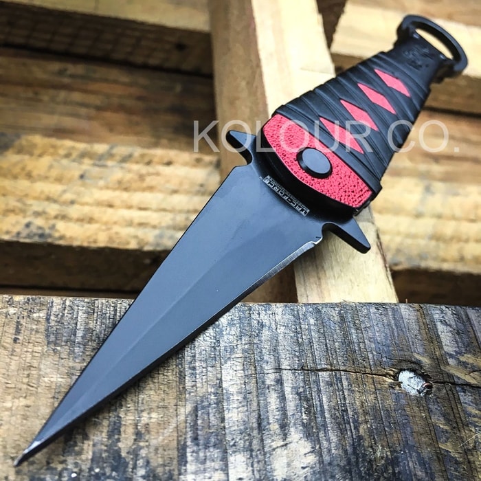 Tac Force Assassin Fold Assisted Opening Pocket Knife - Dagger Blade, Finger Ring - Red and Black