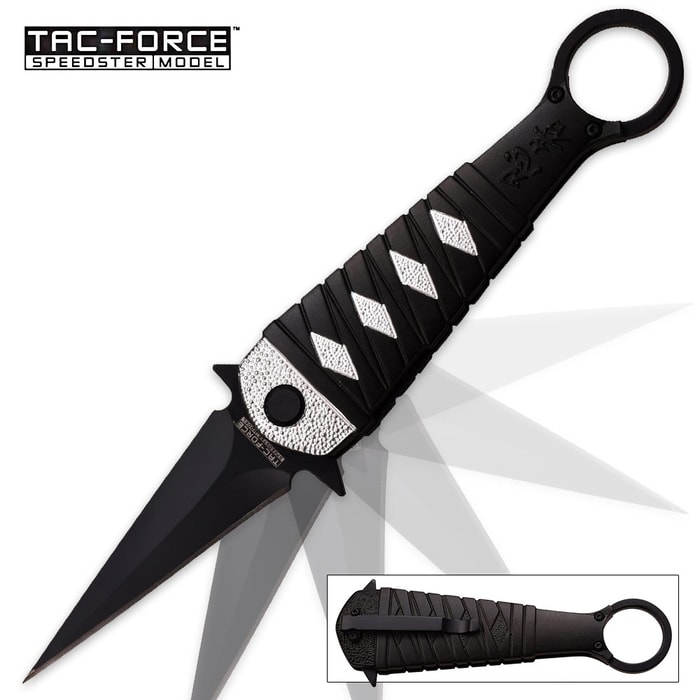 Tac Force Assassin Fold Assisted Opening Pocket Knife - Dagger Blade, Finger Ring - Black and Silver