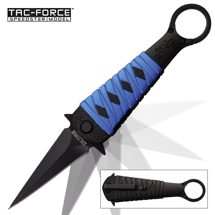 Tac Force Assassin Fold Assisted Opening Pocket Knife - Dagger Blade, Finger Ring - Blue