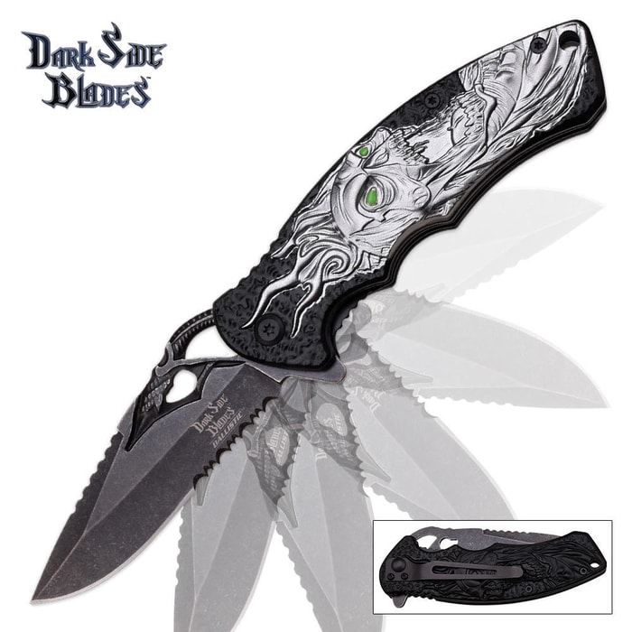 Angry Gray Skull Spring-Assisted Folding Knife