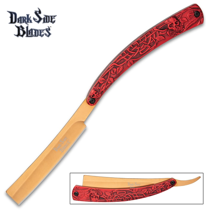 Dark Side Celtic Skulls Red Razor Blade Pocket Knife - 3Cr13 Stainless Steel Blade, Anodized Aluminum Handle - Length 10”