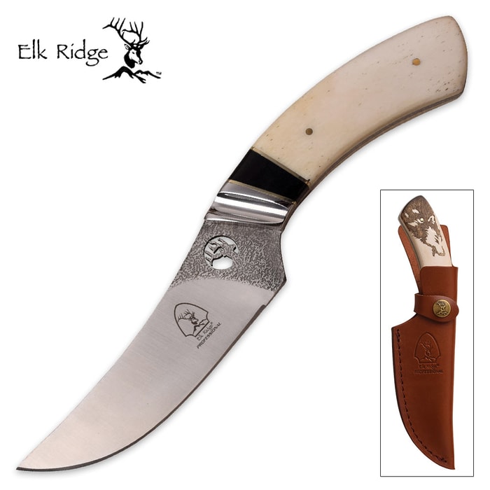 Elk Ridge Howling Wolf Laser-Etched Bone Trailing Point Fixed-Blade Knife w/ Leather Sheath