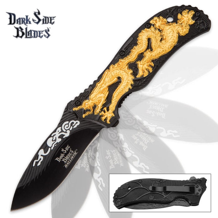 Dark Side Blades Ballistic Gold Dragon Assisted Opening Pocket Knife