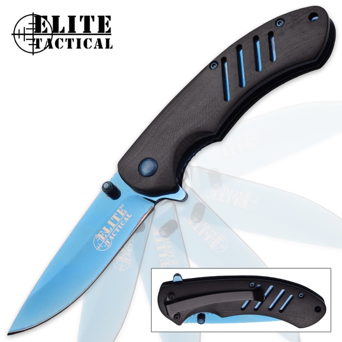 Elite Tactical Blue Streak Assisted Opening Pocket Knife - G10 Handle - Tinite Coated Blade