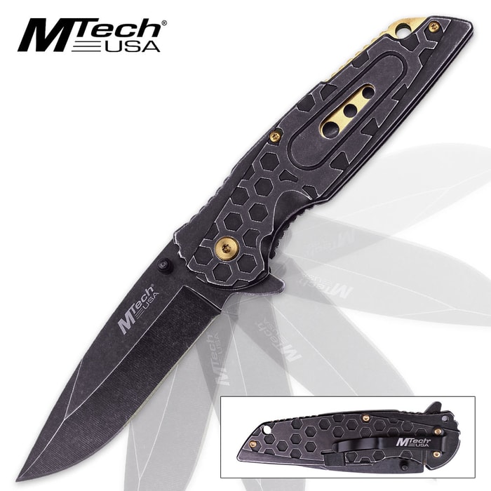 MTech USA Radiator Assisted Opening Pocket Knife - Stonewashed with Contrasting Gold Titanium Liner