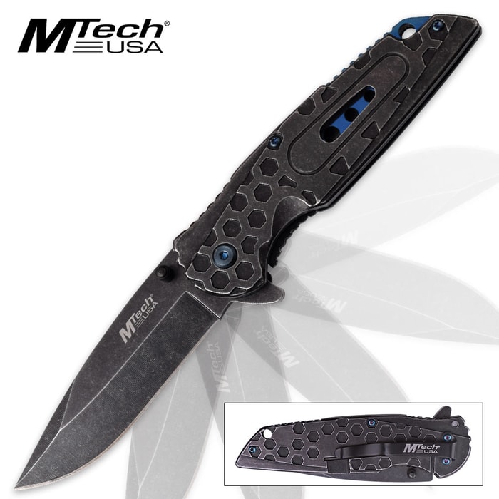 MTech USA Radiator Assisted Opening Pocket Knife - Stonewashed with Contrasting Blue Liner