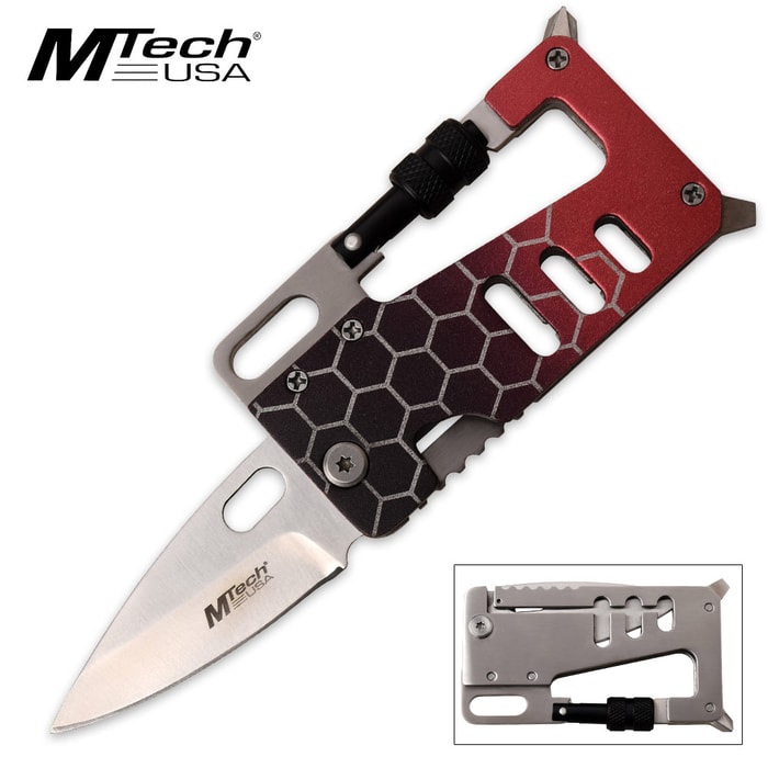 MTech USA Field Card Pocket Knife and Multi-Tool | Slimline Rectangular Design | Metallic Red