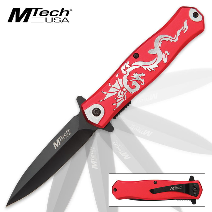 MTech USA DreadBeast Dagger - Assisted Opening Pocket Knife with Swirling Dragon Motif - Red