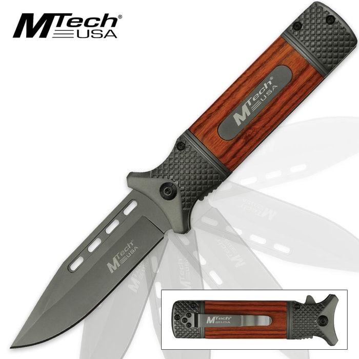 MTech USA Steely Assisted Opening Pocket Knife - Gray TiNi Finish, Brown Handle Scales