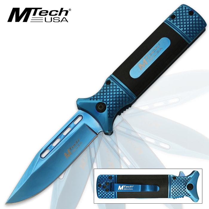 MTech USA Steely Assisted Opening Pocket Knife - Blue TiNi Finish, Black Handle Scales