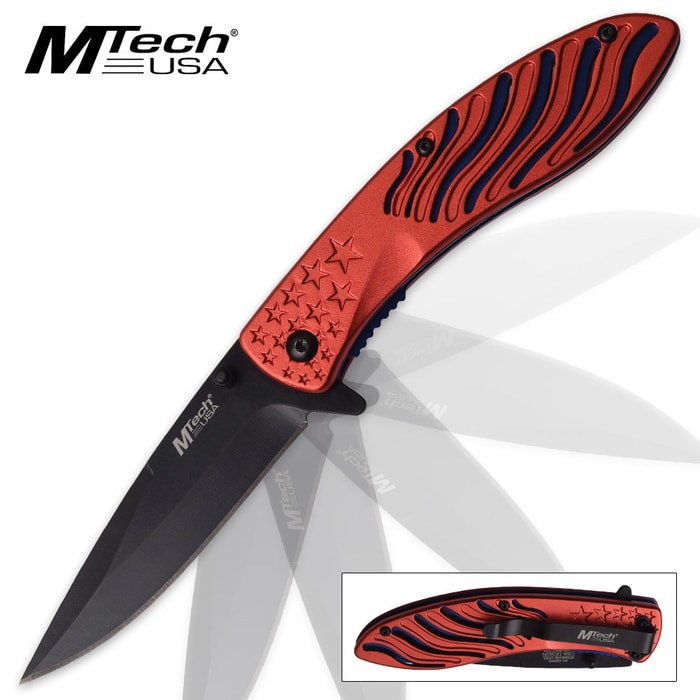 MTech USA Stars and Stripes Assisted Opening Pocket Knife - Metallic Red