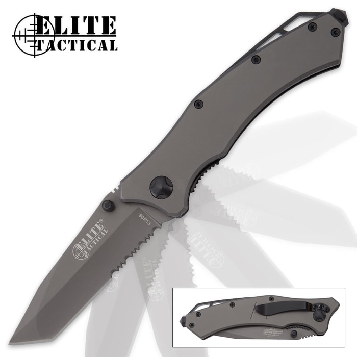 Elite Tactical Smoke Tanto Assisted Opening Pocket Knife - Partially Serrated