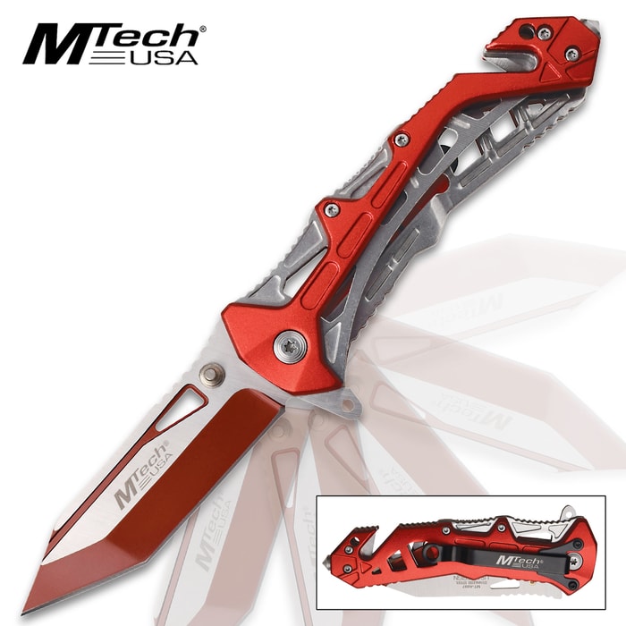 MTech Red Skeleton Pocket Knife - 3Cr13 Steel Blade, Red Anodized Aluminum Handle, Pocket Clip - 4 1/2” Closed